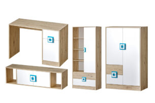 CAMBI, https://dev1-mda.konsimo.pl/kolekcja/cambi/ Zestaw mebli młodzieżowych, 4 el. biały/jasny dąb/turkusowy - zdjęcie