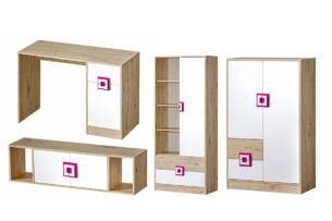 CAMBI, https://dev1-mda.konsimo.pl/kolekcja/cambi/ Zestaw mebli młodzieżowych, 4 el. biały/jasny dąb/różowy - zdjęcie