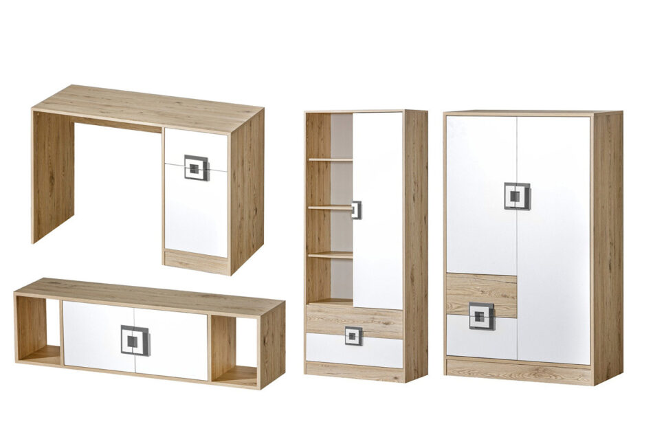 CAMBI Zestaw mebli młodzieżowych, 4 el. biały/jasny dąb/szary - zdjęcie 0