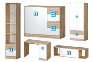 CAMBI, https://dev1-mda.konsimo.pl/kolekcja/cambi/ Zestaw mebli młodzieżowych, 5 el. biały/jasny dąb/turkusowy - zdjęcie