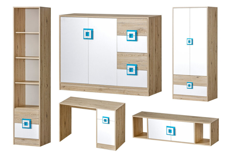CAMBI Zestaw mebli młodzieżowych, 5 el. biały/jasny dąb/turkusowy - zdjęcie 0