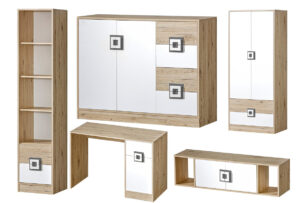 CAMBI, https://dev1-mda.konsimo.pl/kolekcja/cambi/ Zestaw mebli młodzieżowych, 5 el. biały/jasny dąb/szary - zdjęcie