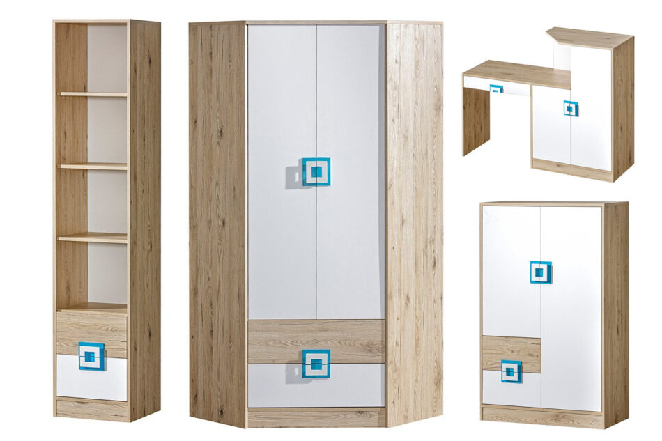 CAMBI Zestaw mebli młodzieżowych, 4 el. biały/jasny dąb/turkusowy - zdjęcie 0