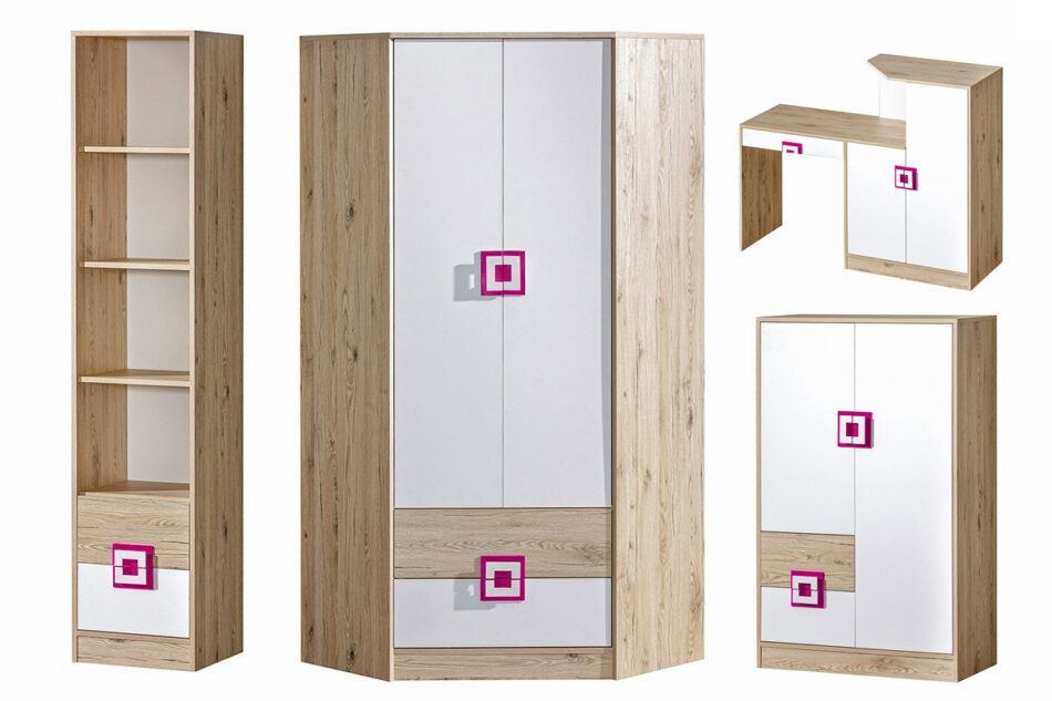 CAMBI Zestaw mebli młodzieżowych, 4 el. biały/jasny dąb/różowy - zdjęcie 0