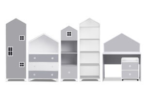 MIRUM, https://dev1-mda.konsimo.pl/kolekcja/mirum/ Zestaw meble domki dla dzieci szare 6 elementów biały/szary - zdjęcie