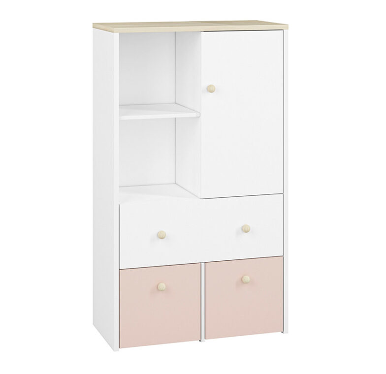 BUBO Komoda biały/drewno bukowe/różowy - zdjęcie 0