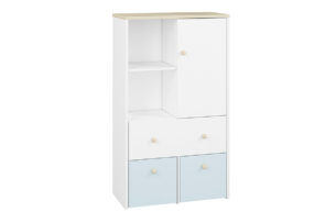 BUBO, https://dev1-mda.konsimo.pl/kolekcja/bubo/ Komoda biały/drewno bukowe/niebieski - zdjęcie