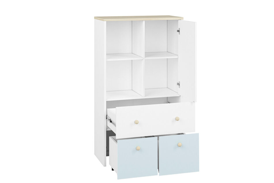 BUBO Komoda biały/drewno bukowe/niebieski - zdjęcie 1