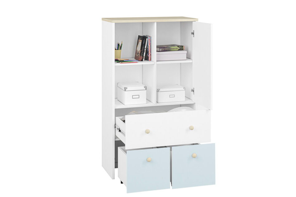 BUBO Komoda biały/drewno bukowe/niebieski - zdjęcie 3