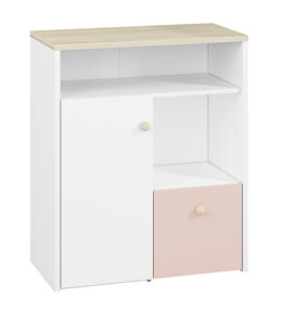 BUBO, https://dev1-mda.konsimo.pl/kolekcja/bubo/ Komoda biały/drewno bukowe/różowy - zdjęcie