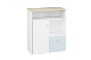 BUBO, https://dev1-mda.konsimo.pl/kolekcja/bubo/ Komoda biały/drewno bukowe/niebieski - zdjęcie