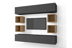 MORIO, https://dev1-mda.konsimo.pl/kolekcja/morio/ Zestaw mebli do salonu 10 el. grafitowy/dąb naturalny - zdjęcie