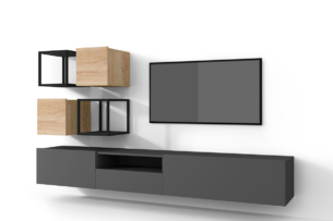 MORIO, https://dev1-mda.konsimo.pl/kolekcja/morio/ Zestaw mebli do salonu 6 el. grafitowy/dąb naturalny - zdjęcie