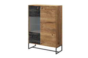 RUGO, https://dev1-mda.konsimo.pl/kolekcja/rugo/ Wysoka komoda z półkami loft ciemny dąb/czarny - zdjęcie