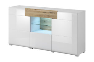 TOLEDO, https://dev1-mda.konsimo.pl/kolekcja/toledo/ Komoda z witryną biały/jasny dąb - zdjęcie