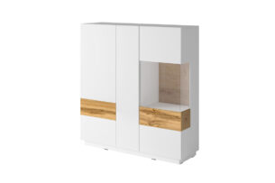 SILKE, https://dev1-mda.konsimo.pl/kolekcja/silke/ Komoda z witryną biały połysk/dąb - zdjęcie