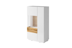 SILKE, https://dev1-mda.konsimo.pl/kolekcja/silke/ Komoda z witryną lewa biały połysk/dąb - zdjęcie