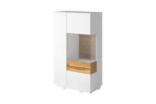 SILKE, https://dev1-mda.konsimo.pl/kolekcja/silke/ Komoda z witryną prawa biały połysk/dąb - zdjęcie