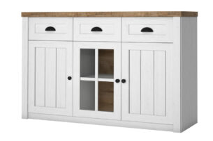 LEMAS, https://dev1-mda.konsimo.pl/kolekcja/lemas/ Komoda z witryną biały/ciemny dąb - zdjęcie