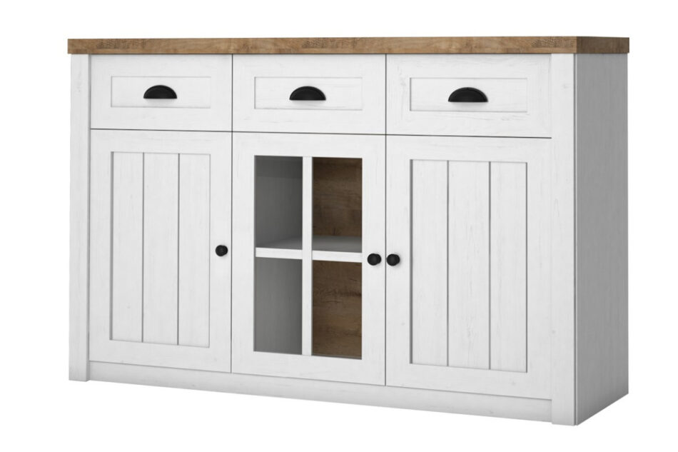 LEMAS Komoda z witryną biały/ciemny dąb - zdjęcie