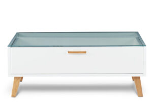 FRISK, https://dev1-mda.konsimo.pl/kolekcja/frisk/ Stolik kawowy skandynawski biały z szufladą biały/dąb naturalny - zdjęcie