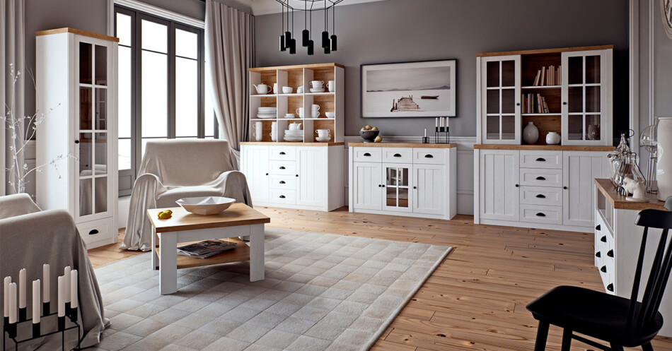 LEMAS Witryna biały/ciemny dąb - zdjęcie 2