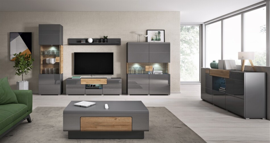 TOLEDO Komoda z witryną antracyt połysk/dąb naturalny - zdjęcie 1