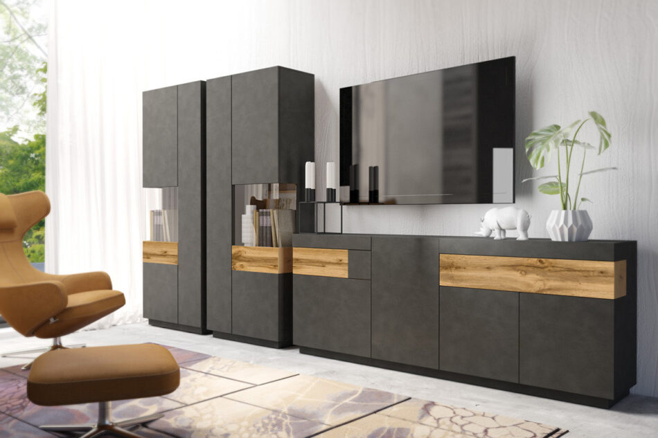 SILKE Komoda z witryną antracytowy/dąb - zdjęcie 5