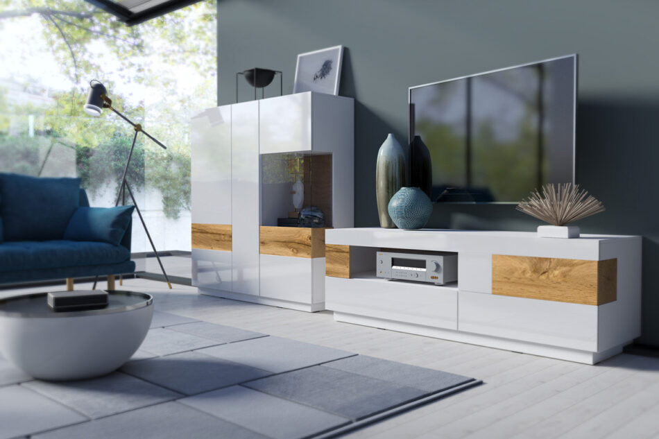 SILKE Komoda z witryną biały połysk/dąb - zdjęcie 2