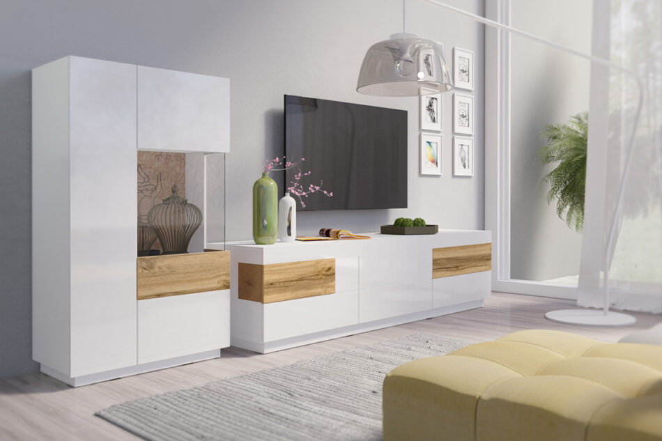 SILKE Komoda z witryną prawa biały połysk/dąb - zdjęcie 4