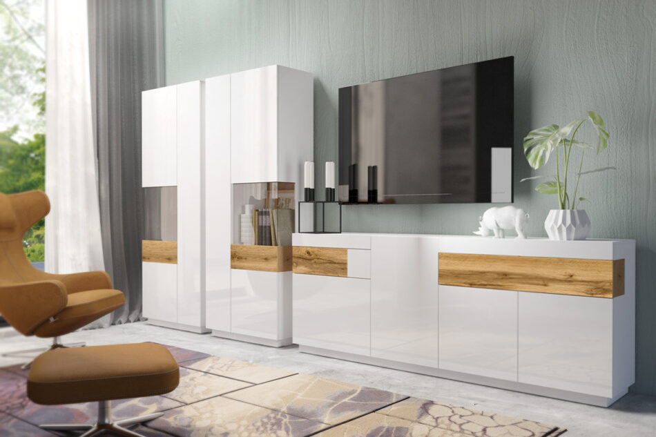 SILKE Witryna Lewa biały połysk/dąb - zdjęcie 4