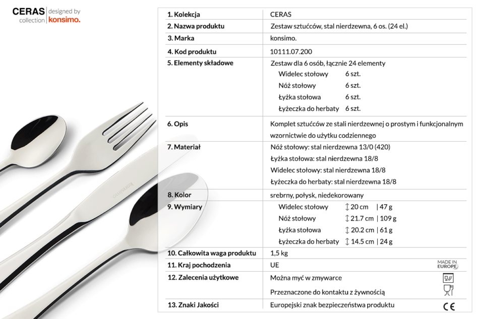 CERAS Komplet sztućców, 6 os. (24 el.) srebrny - zdjęcie 2