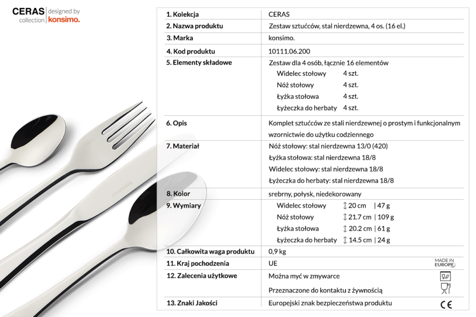 CERAS Komplet sztućców, 4 os. (16 el.) srebrny - zdjęcie 2