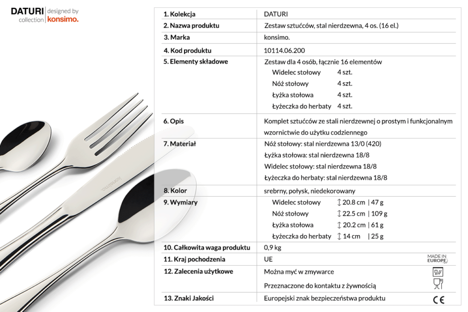 DATURI Komplet sztućców, 4 os. (16 el.) srebrny - zdjęcie 2