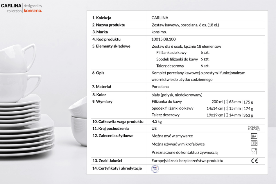 CARLINA Zestaw kawowy, 6 os. (18 el)CARLINA biały - zdjęcie 2