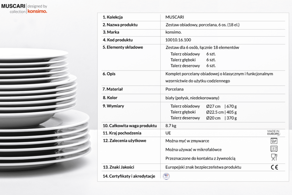 MUSCARI Zestaw obiadowy, 6 os. (18el) biały - zdjęcie 2