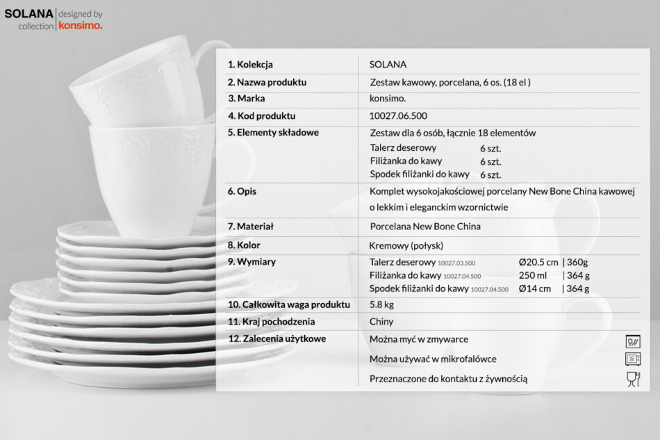 SOLANA Zestaw kawowy, 6 os. (18 el.) kremowy - zdjęcie 2