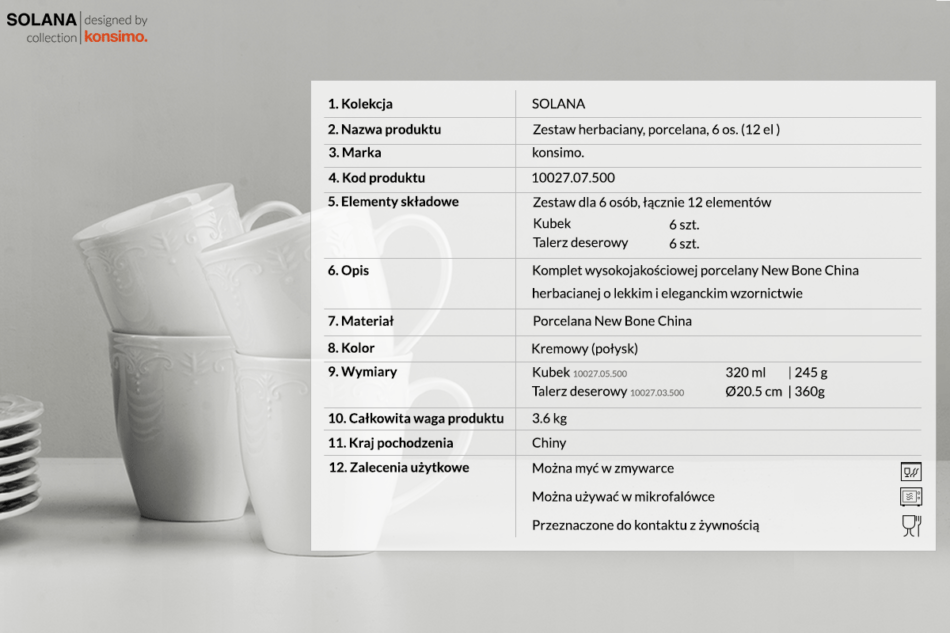 SOLANA Zestaw herbaciany, 6 os. (12 el.) kremowy - zdjęcie 2
