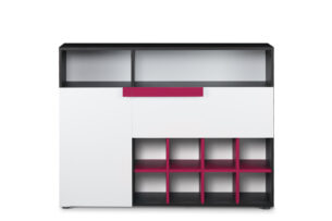 SHIBU, https://dev1-mda.konsimo.pl/kolekcja/shibu/ Duża komoda dziecięca z półkami grafit/biały/różowy - zdjęcie