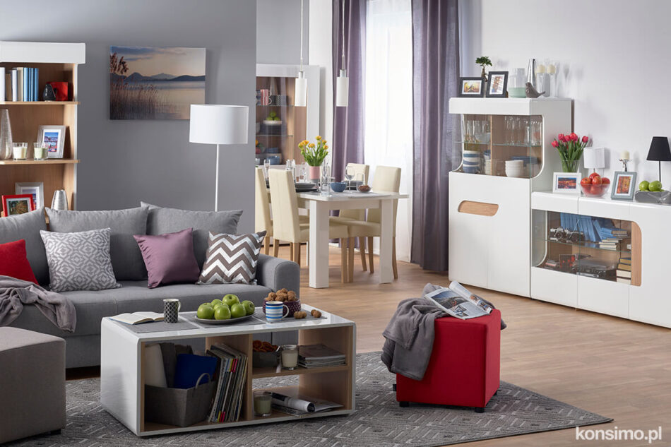 AVERO Komoda z witryną biały matowy/biały połysk/dąb - zdjęcie 1