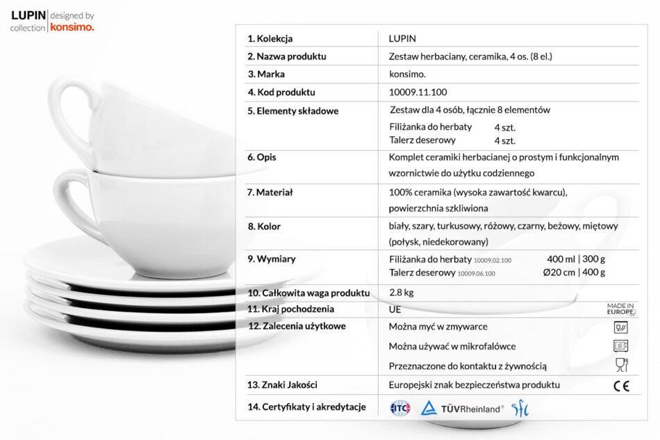 LUPIN Zestaw herbaciany, 4 os. (8 el) biały - zdjęcie 3
