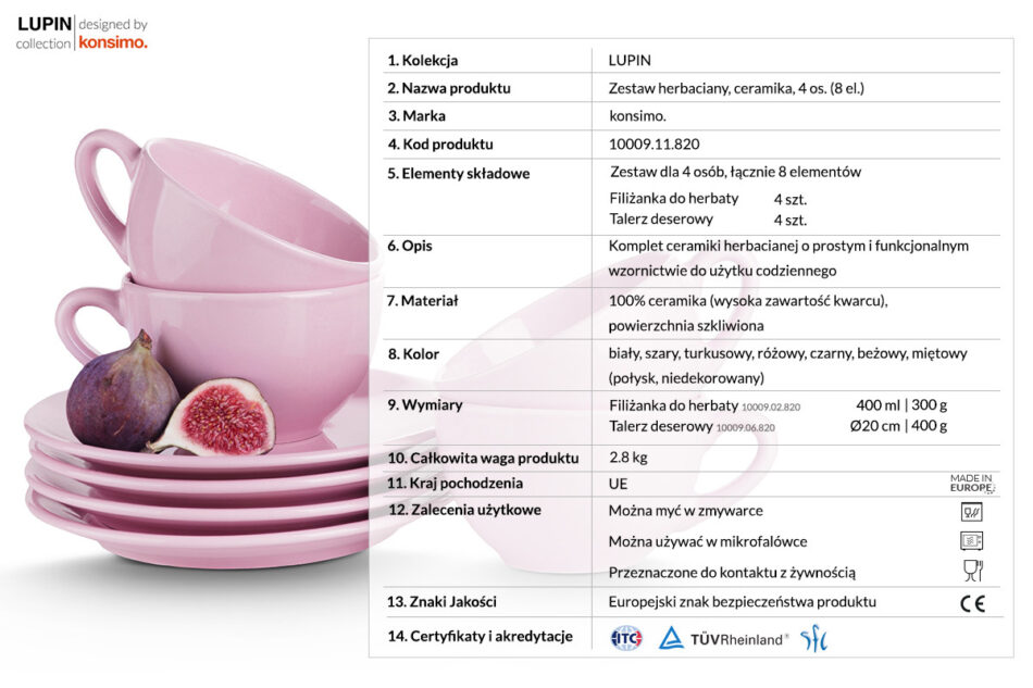 LUPIN Zestaw herbaciany, 4 os. (8 el) różowy - zdjęcie 2