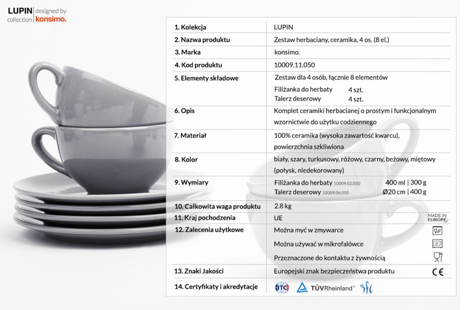 LUPIN Zestaw herbaciany, 4 os. (8 el) szary - zdjęcie 3