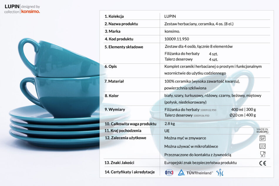 LUPIN Zestaw herbaciany, 4 os. (8 el) turkusowy - zdjęcie 3