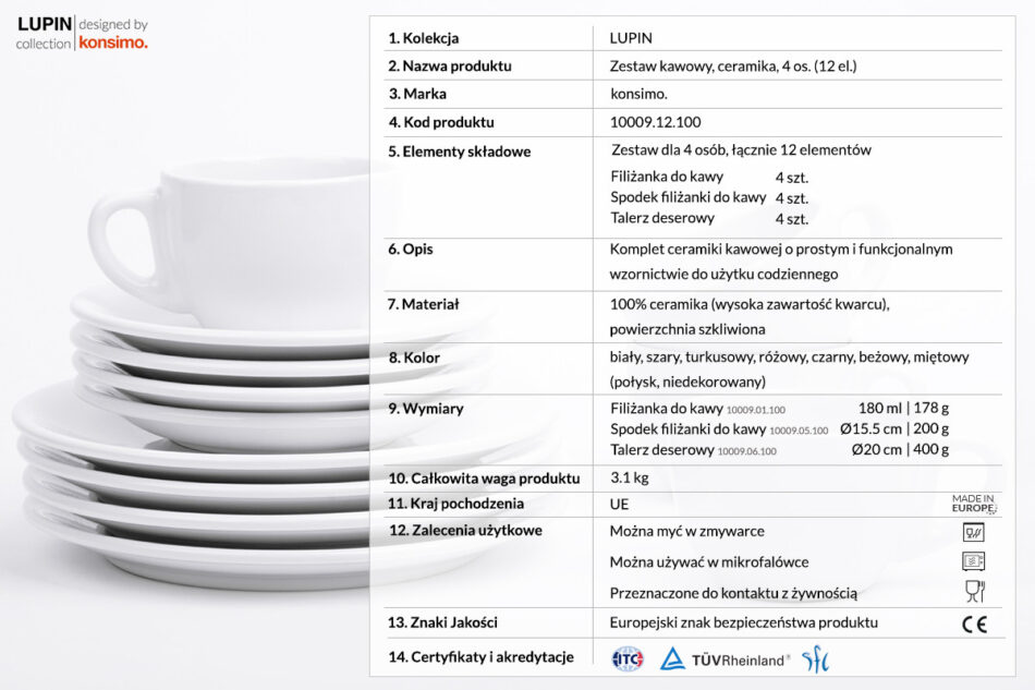LUPIN Zestaw kawowy, 4 os. (12 el.) biały - zdjęcie 3
