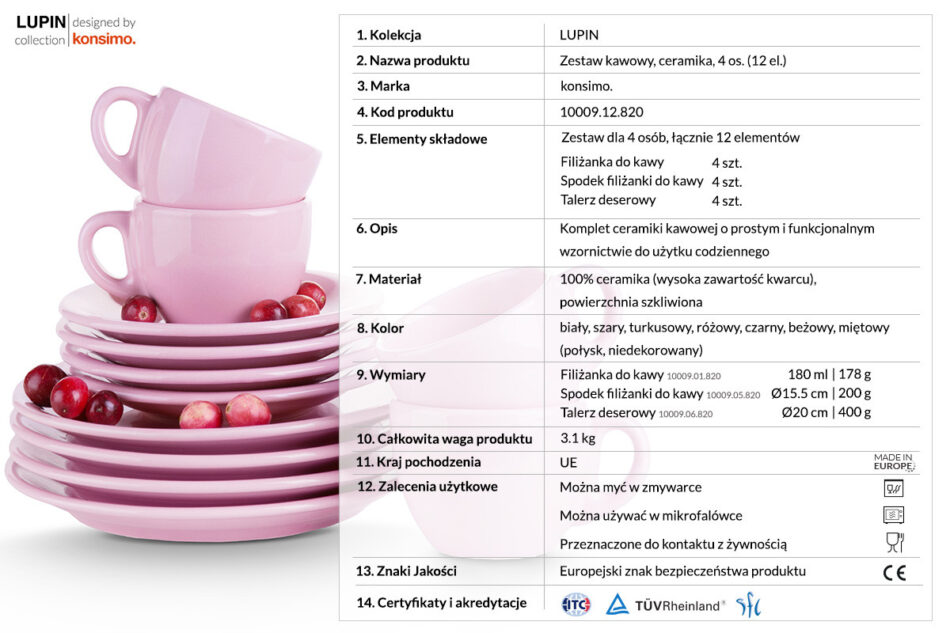 LUPIN Zestaw kawowy, 4 os. (12 el) różowy - zdjęcie 2