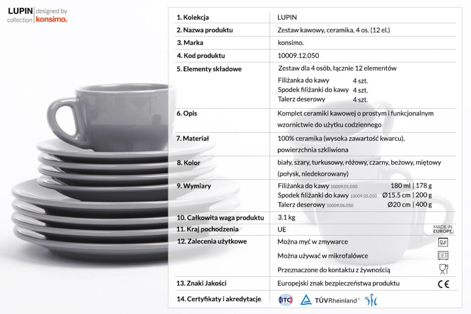 LUPIN Zestaw kawowy, 4 os. (12 el.) szary - zdjęcie 3