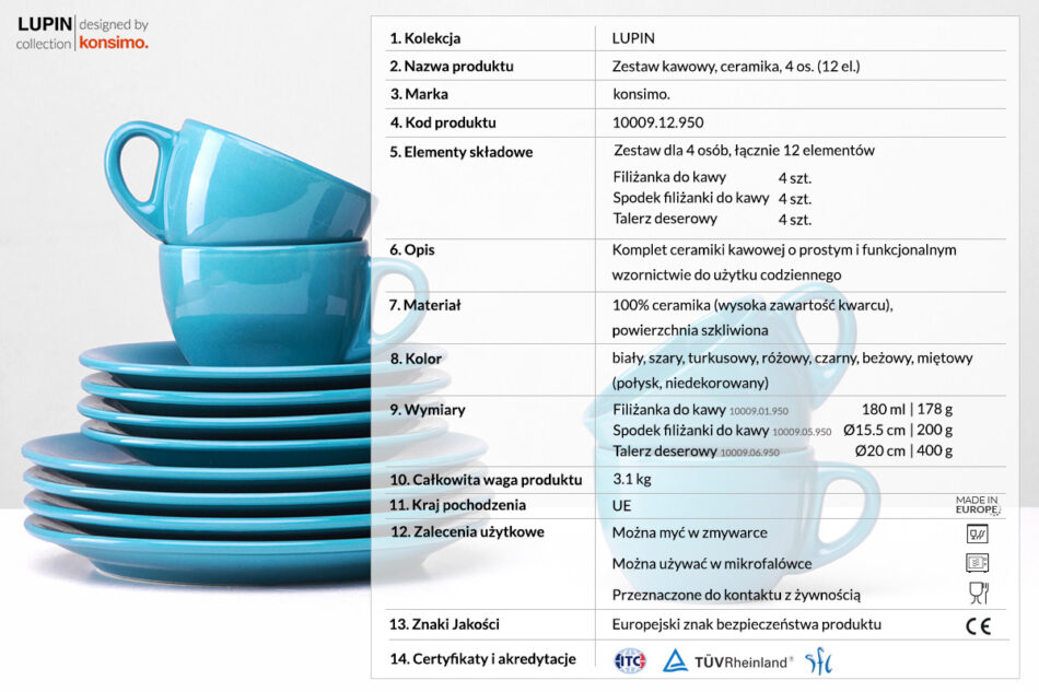 LUPIN Zestaw kawowy, 4 os. (12 el.) turkusowy - zdjęcie 3