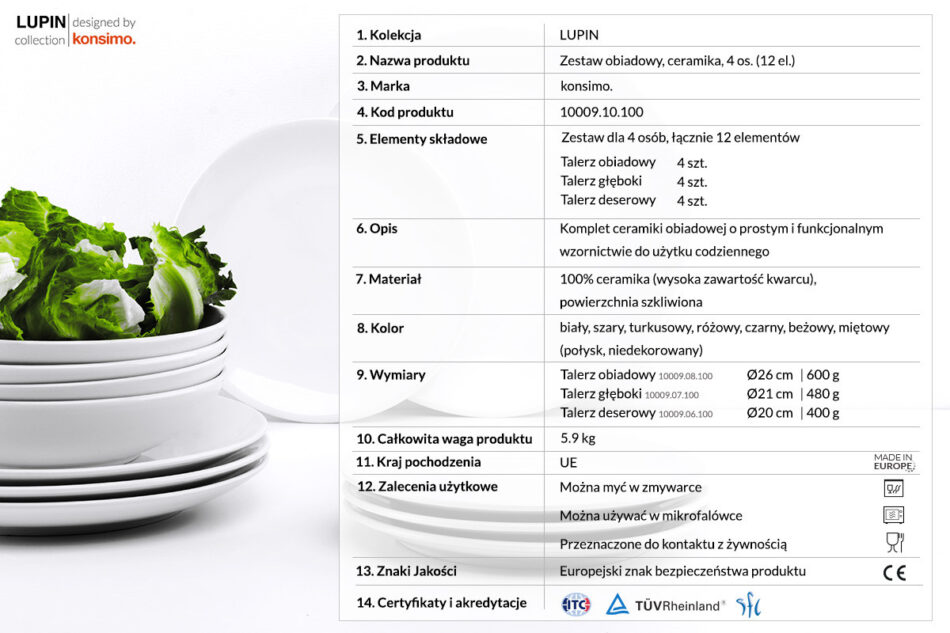 LUPIN Zestaw obiadowy, 4 os. (12el.) biały - zdjęcie 4