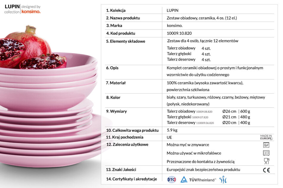 LUPIN Zestaw obiadowy, 4 os. (12el) różowy - zdjęcie 2